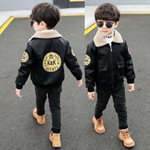 South Korea 2021 childrens clothing new autumn and winter boy plus suede leather clothes baby Han version hip hop wind stand net infrared cover thick