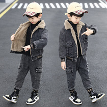 2021 winter style new boy plus suede thickened denim jacket pants suit children CUHK child polo Korean version wave