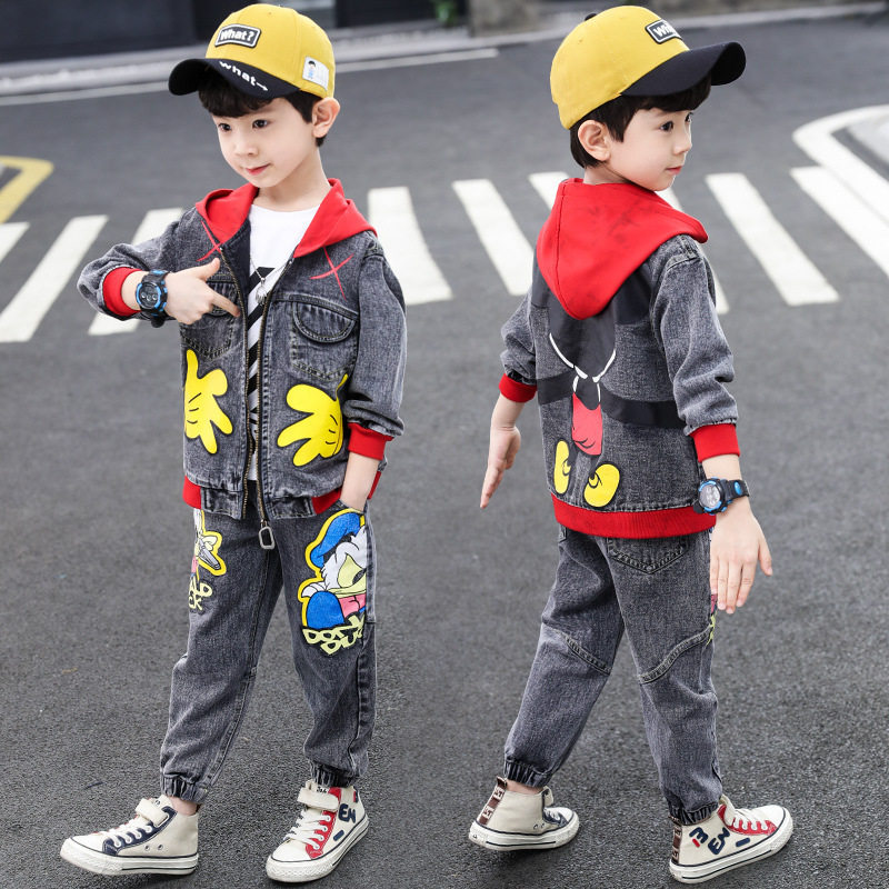 Korean boy suit Korean version 2022 new western style big boy denim hooded jacket three-piece children's clothing
