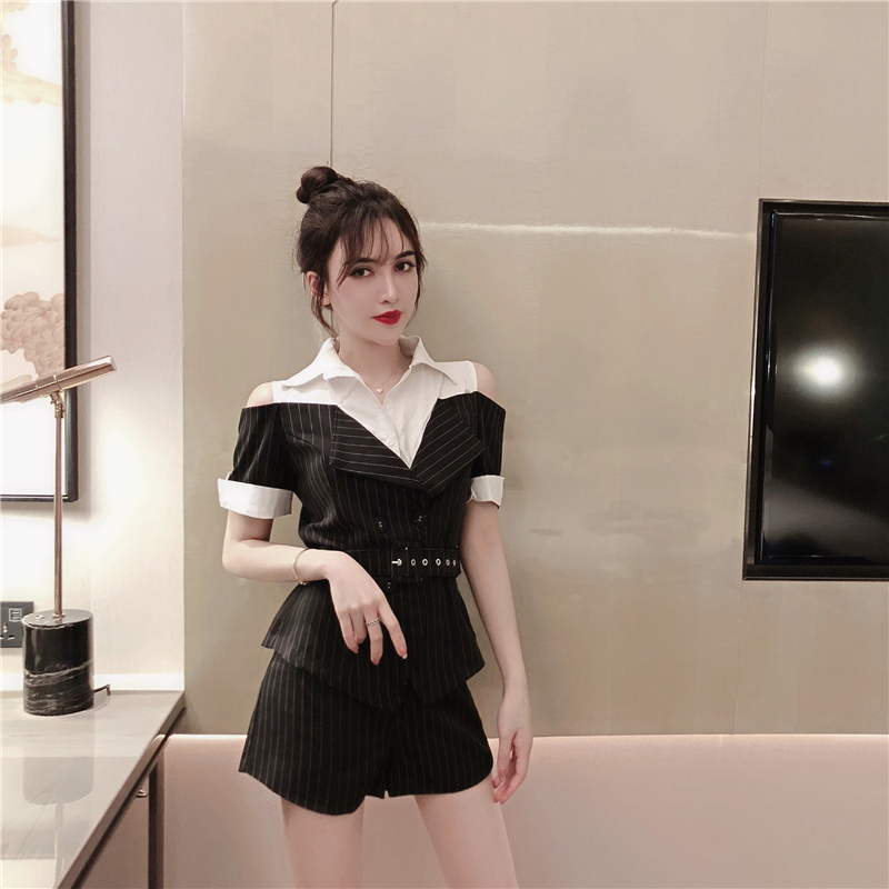 VK旗艦店 韓系拼接露肩條紋短褲套裝短袖褲裝