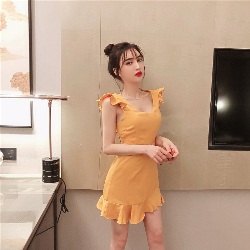 VK旗艦店 韓系木耳邊美背鏤空荷葉邊無袖洋裝