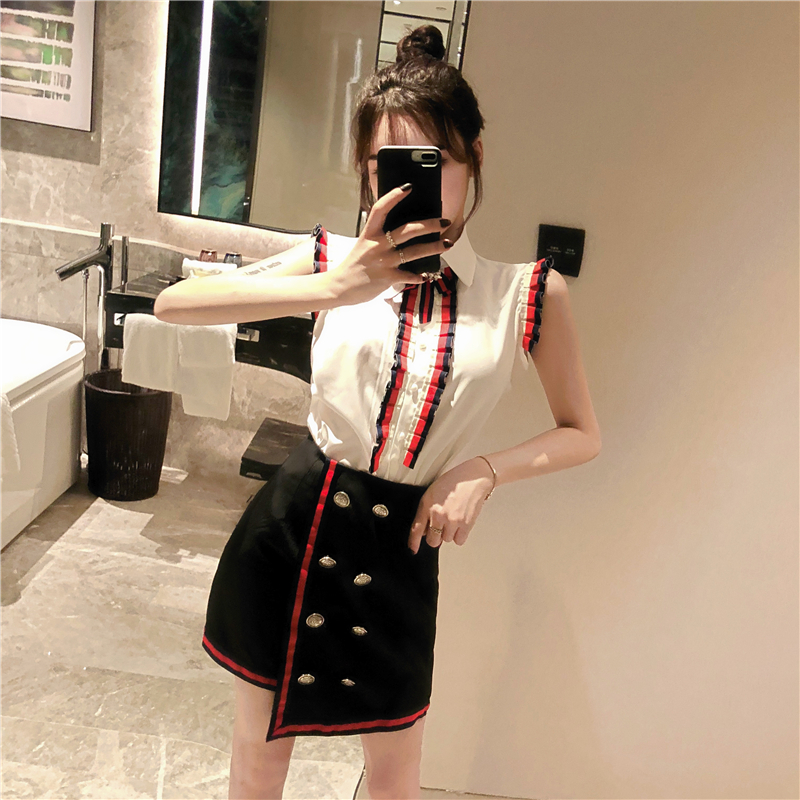 VK旗艦店 韓系名媛木耳邊蝴蝶結撞色套裝無袖裙裝