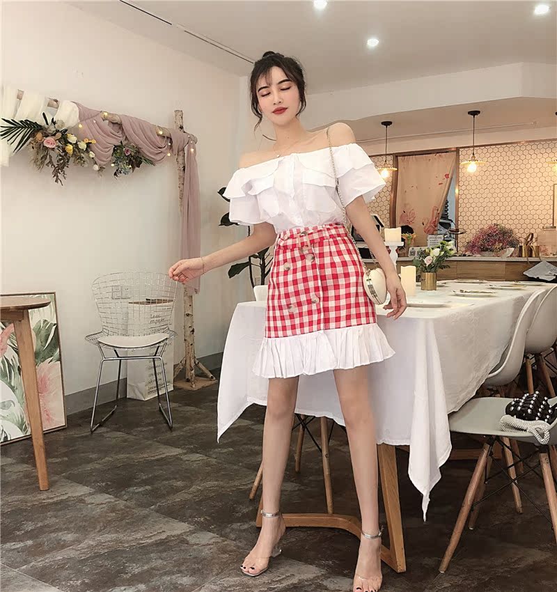 VK旗艦店 韓系一字領荷葉邊雙排扣套裝短袖裙裝