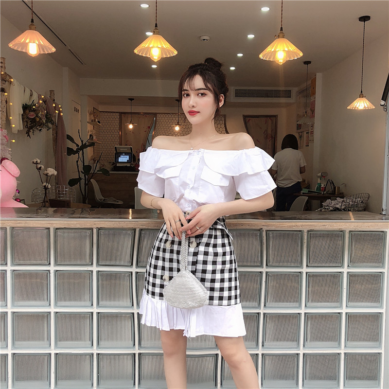 VK旗艦店 韓系一字領荷葉邊雙排扣套裝短袖裙裝