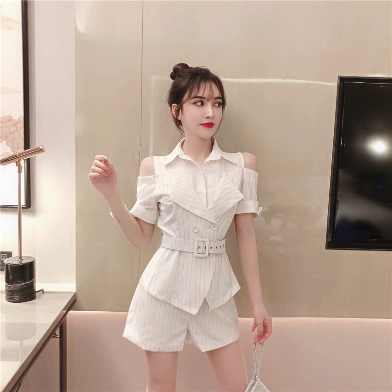 VK旗艦店 韓系拼接露肩條紋短褲套裝短袖褲裝