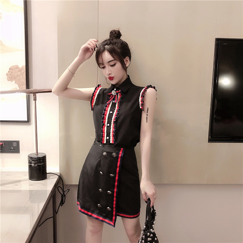 VK旗艦店 韓系名媛木耳邊蝴蝶結撞色套裝無袖裙裝