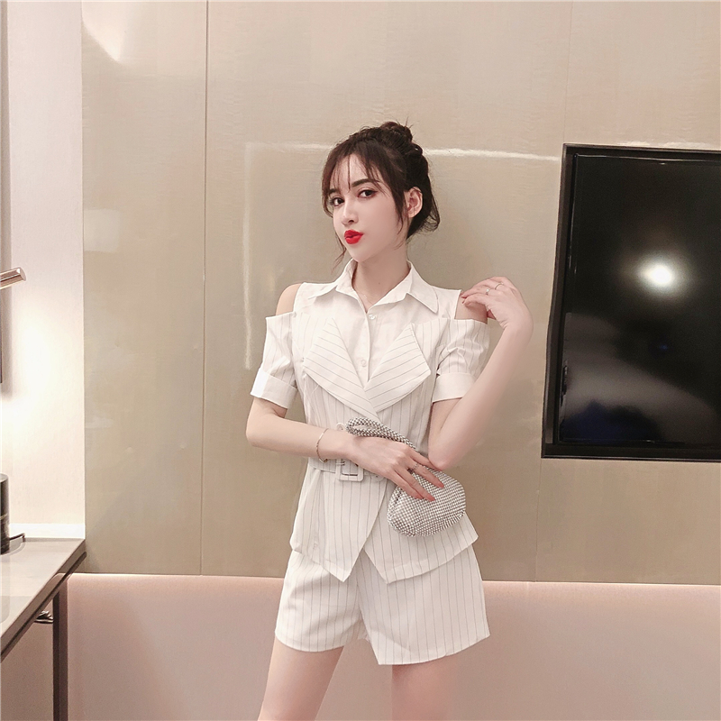 VK旗艦店 韓系拼接露肩條紋短褲套裝短袖褲裝