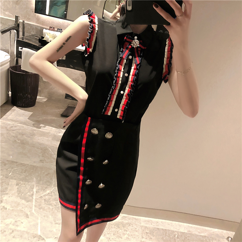 VK旗艦店 韓系名媛木耳邊蝴蝶結撞色套裝無袖裙裝