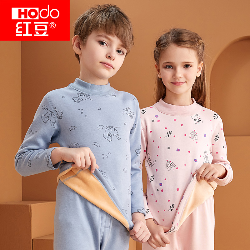 Red bean children fleece thickened thermal underwear set small boy middle big child little girl baby thickened pajama cover