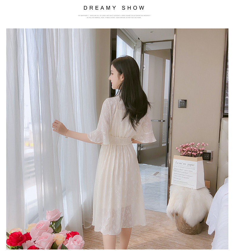 VK旗艦店 韓系收腰顯瘦優雅長裙雪紡短袖洋裝