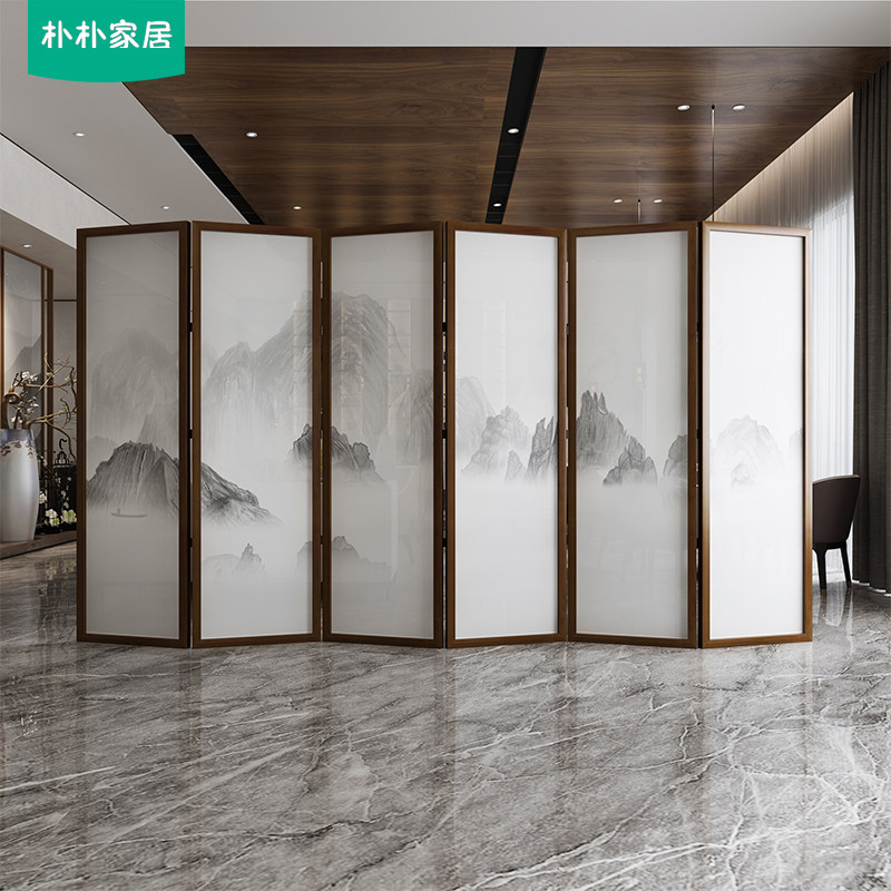 Chinese screen partition Living room Modern simple office Teahouse Hotel Solid wood folding mobile folding screen Mountain water painting
