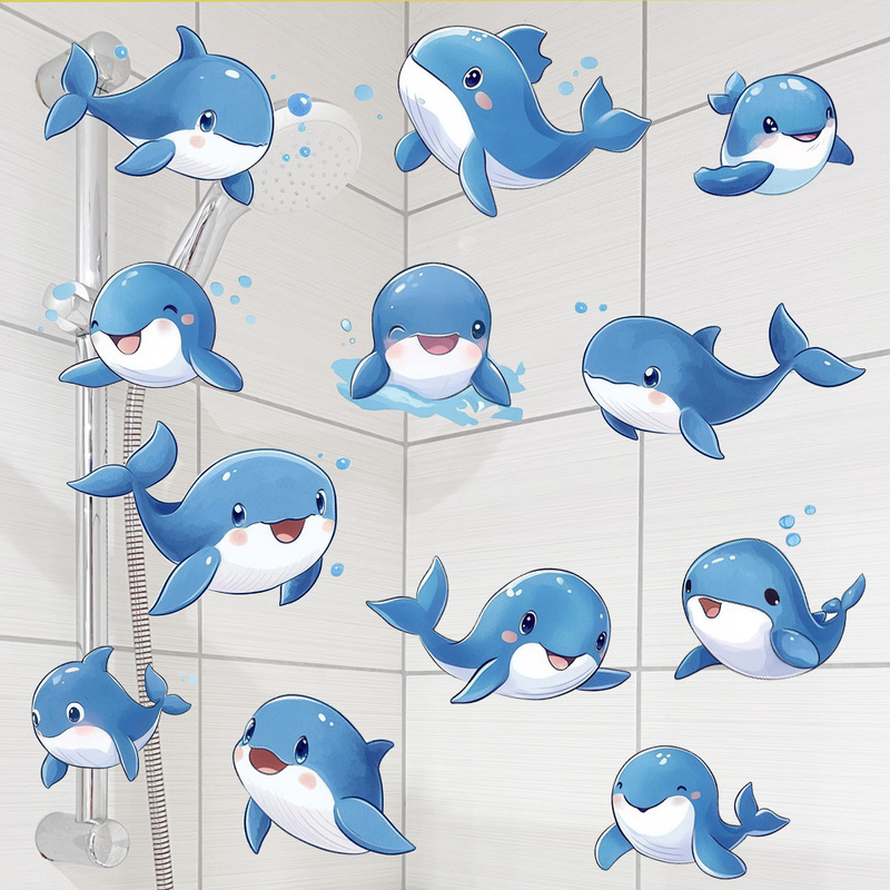 Blue Dolphin Bathroom Wall Stickers to Transform the Bathroom Wall Background Decoration Stickers Waterproof Renovation Bathtub Stickers