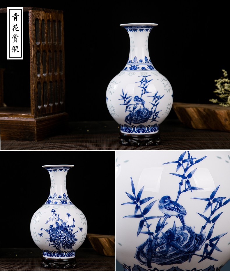 Jingdezhen blue and white ceramics and exquisite flowers NiaoGu porcelain decoration office floret bottle home furnishing articles in the living room