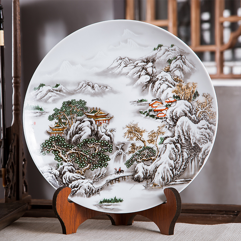 Jingdezhen ceramics glaze pastel landscape painting decorative plate hanging dish sit plate on ornamental panel study furnishing articles of handicraft