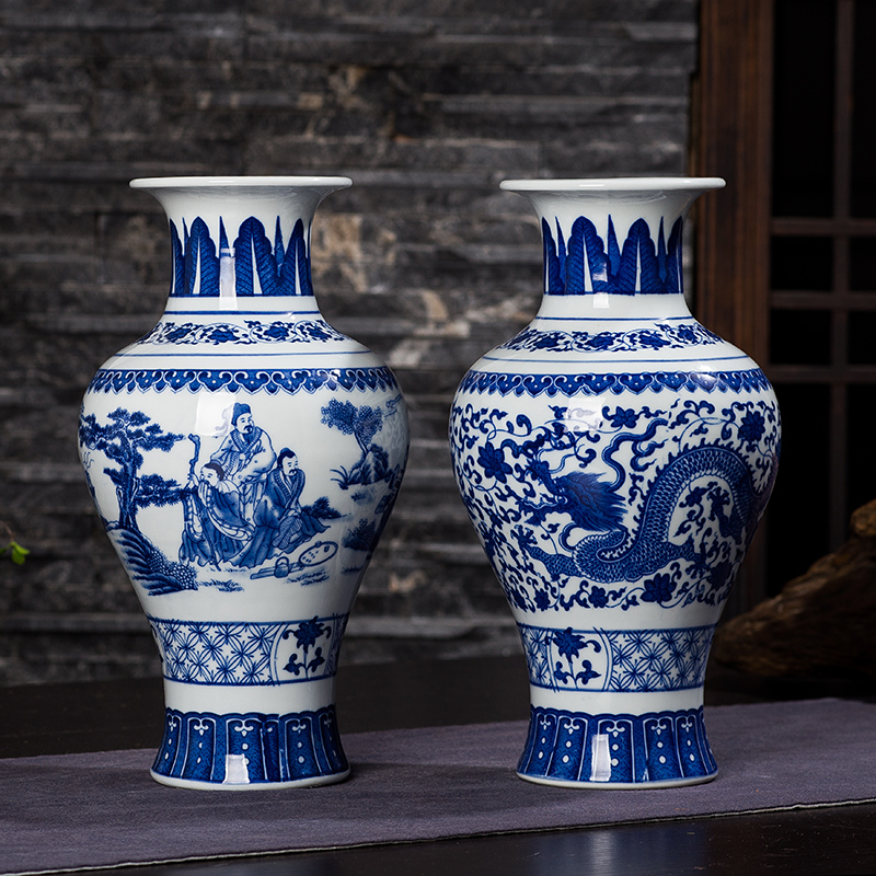 Jingdezhen ceramics antique blue and white porcelain vases, flower arranging new sitting room of Chinese style household decorations rich ancient frame furnishing articles