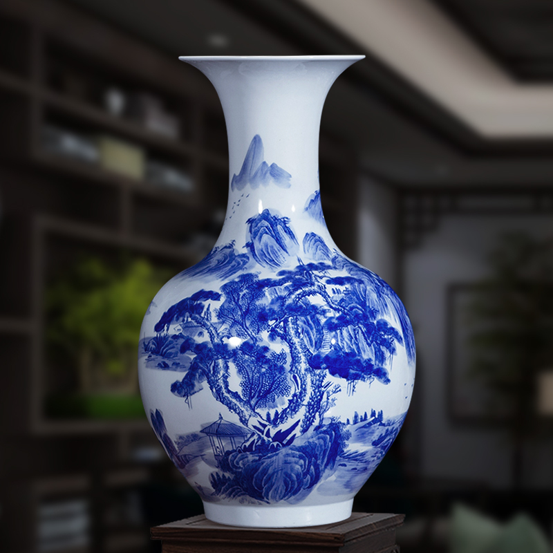 Jingdezhen porcelain landscape painting large blue and white porcelain vase flower arrangement Antique Chinese home living room floor-to-ceiling ornaments