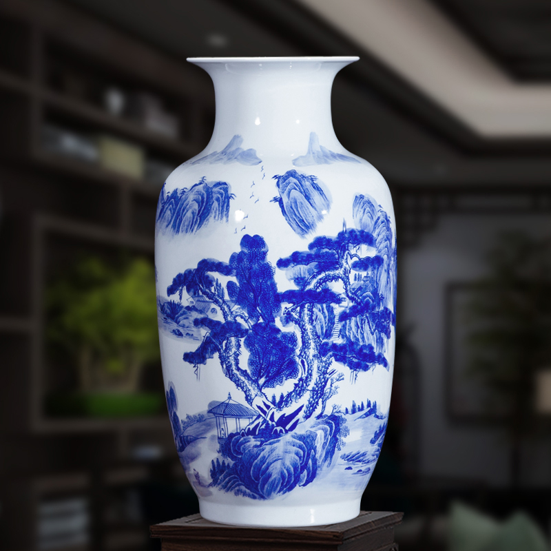 Jingdezhen ceramics landscape painting large Chinese blue and white porcelain vase study ground adornment office furnishing articles