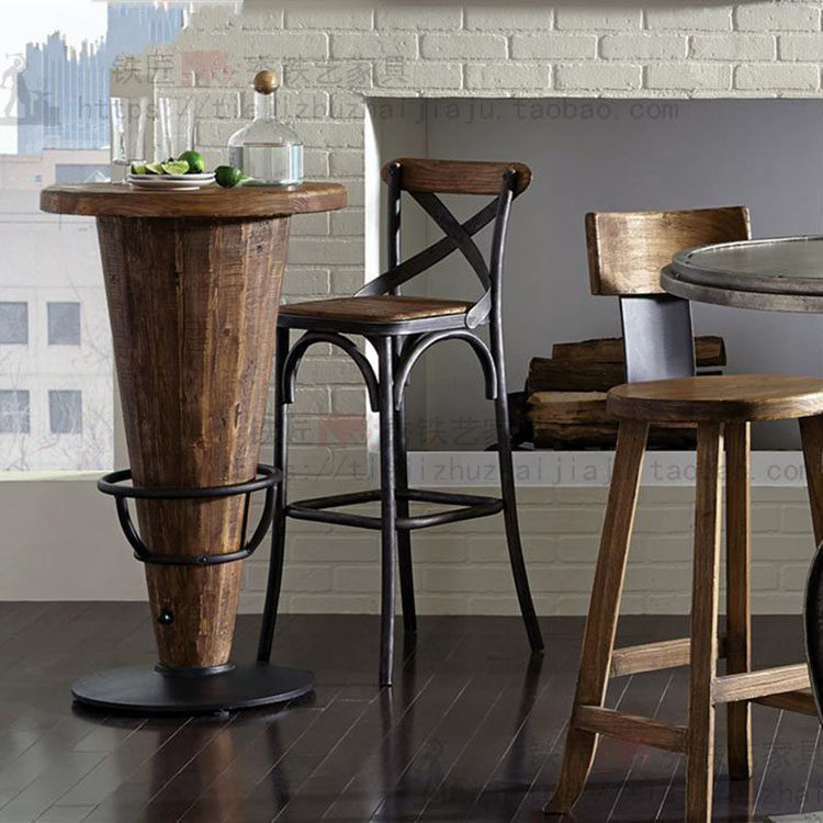American Retro Iron Art Antique Solid Wood High Foot Chair Bar Chair High Dining Chair Bar Chair