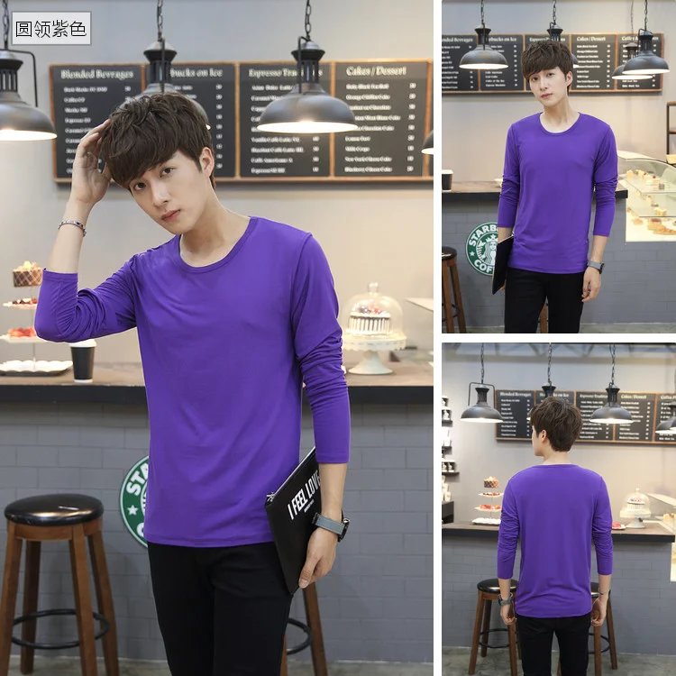 Mỏng màu rắn dài tay t-shirt Hàn Quốc Slim vòng cổ nam sinh viên cotton shirt t-shirt lót mùa thu quần áo đáy áo sơ mi