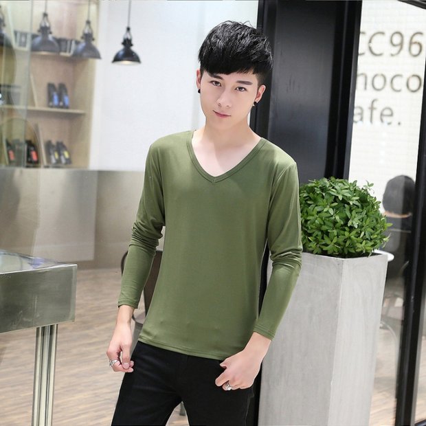 Áo thun nam tay dài mùa thu đông có thân hình nam size lớn màu rắn cổ chữ V đáy quần áo thanh niên quần áo thủy triều mùa thu áo polo nam đẹp