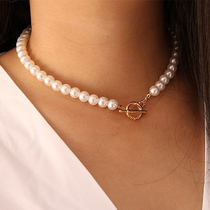 Goth Pearl Choker Necklace Gold Color Lasso Pendants Women J