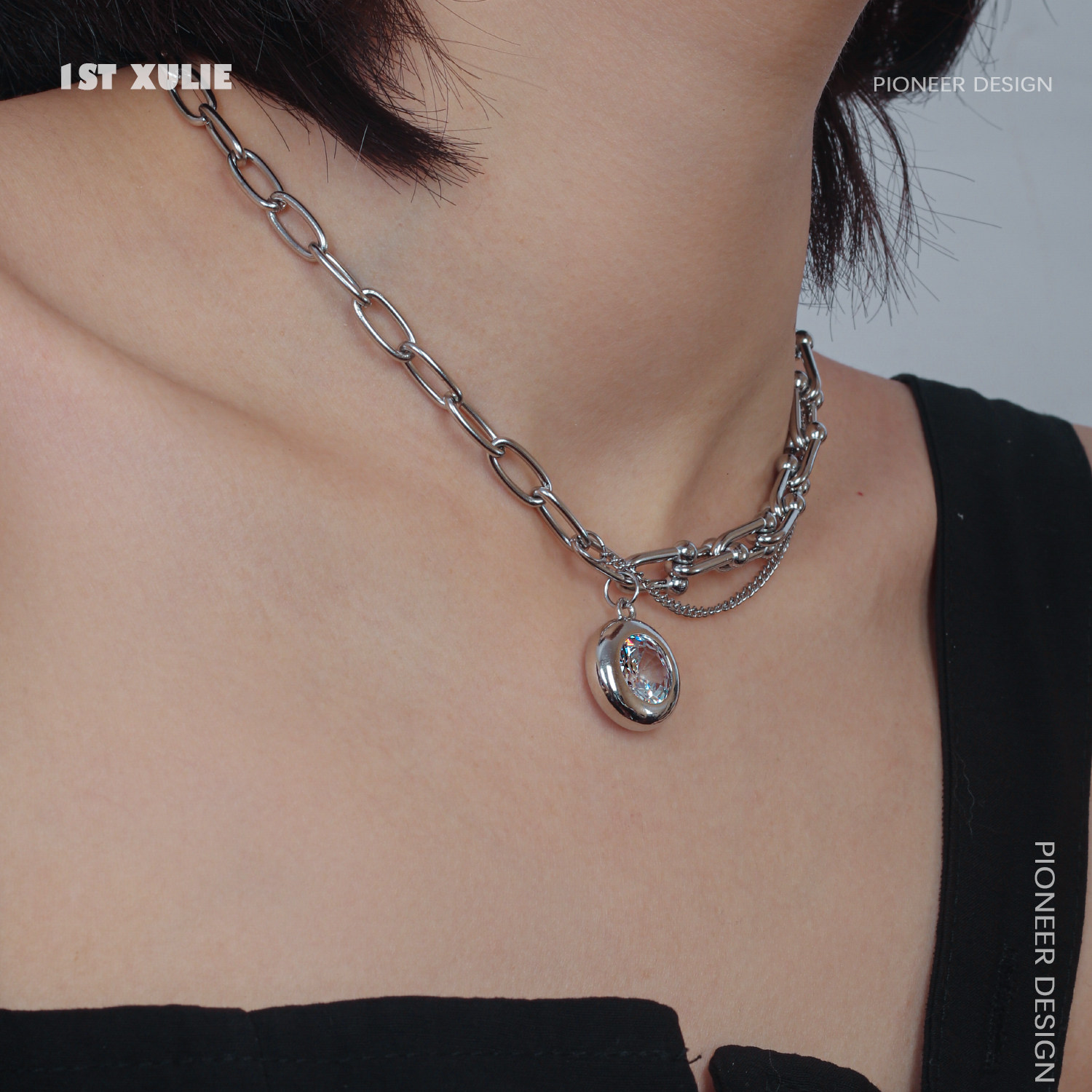 1STXULIE double necklace small crowdsourced design inlaid with lukewarm wind personality 100 hitch Y2K male and female lock bone chain