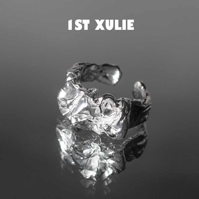 1ST XULIE silver ring niche designed dark fold myopia cold wind opening for men and women texture wide ring