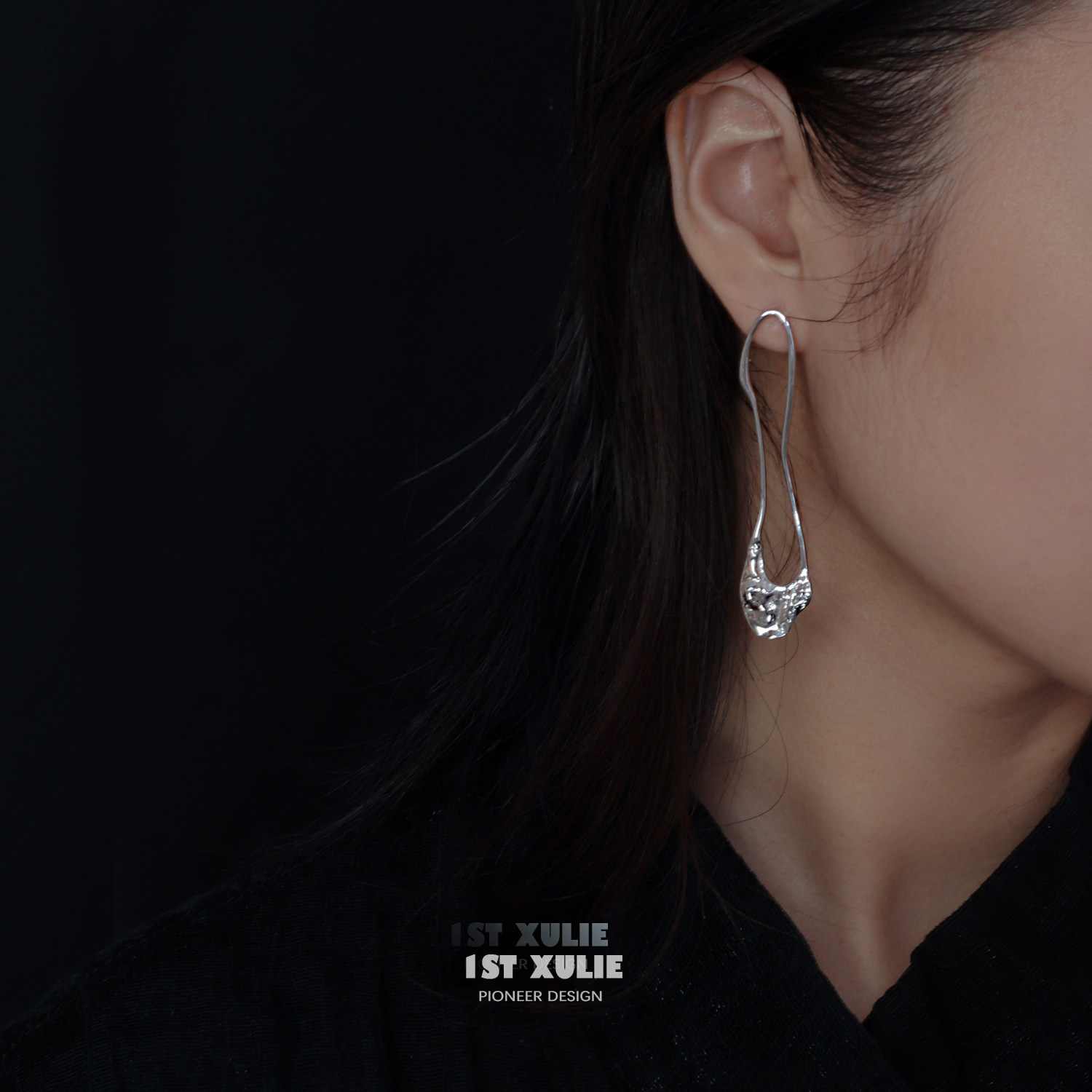 1ST XULIE925 sterling silver earrings niche design asymmetric texture cold wind women's personality ear pin