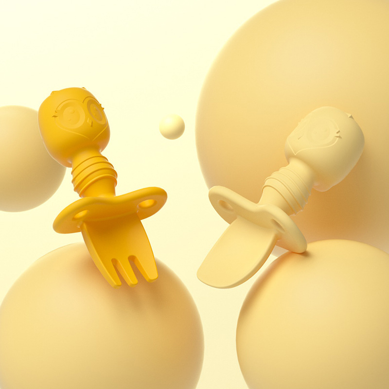 Love Clicks IKV Silicone Newborn Spoon Baby Learn Yellow Chopsticks Baby Boy Eat Soft Pink Fork Spoon