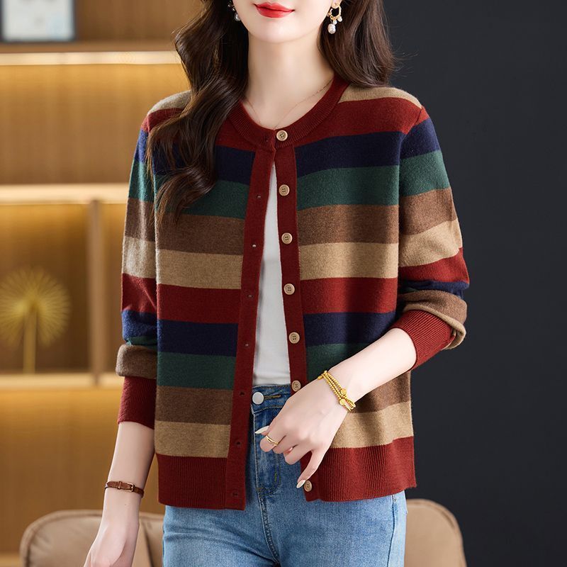 Retro Contrast Stripesd Knitted Sweater Cardigan for Women, Round Neck, Single-Breasted, Soft and Waxy, New Autumn and Winter Style, Slimming Look and Versatile Jacket