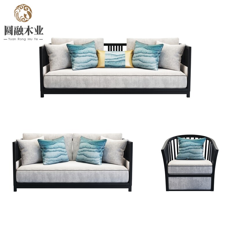 New Chinese style solid wood fabric sofa modern minimalist Zen light luxury living room homestay hotel model room furniture combination