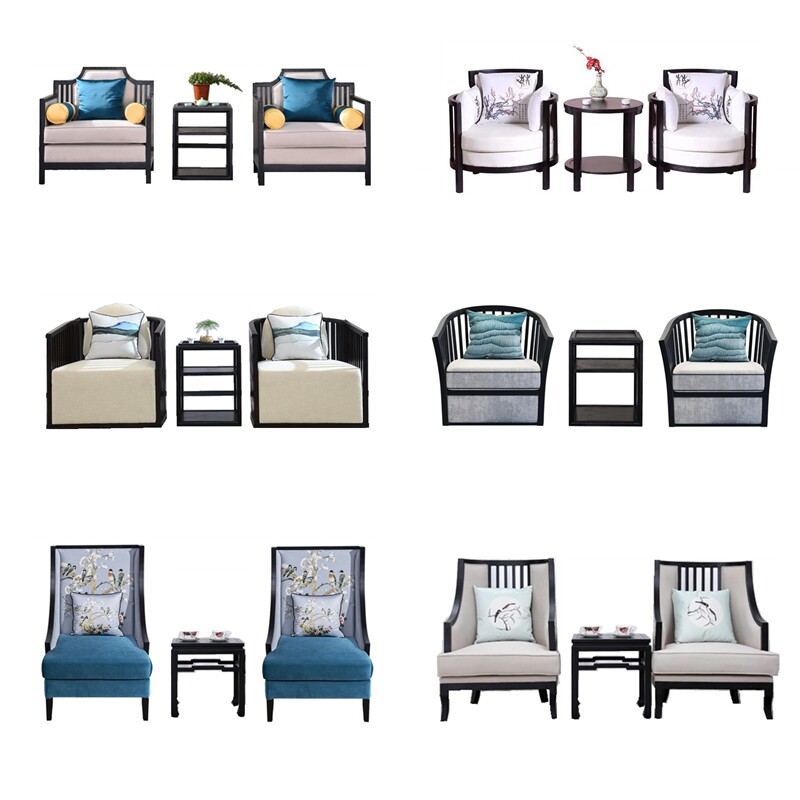 Sofa Single Person New Chinese Style Solid Wood Three-piece Set Combination Light Luxury Model House Sales Office Conference Reception Area Furniture