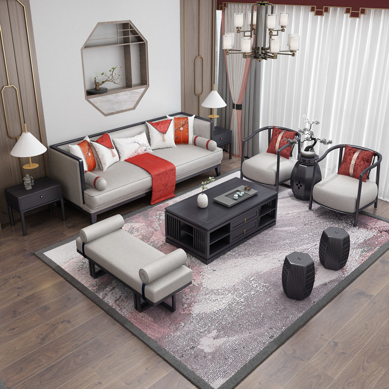 New Chinese Sofa Combination Solid Wood Fabric Classical Zen Country Trend Model House Villa Sample House Display Center Living Room Furniture