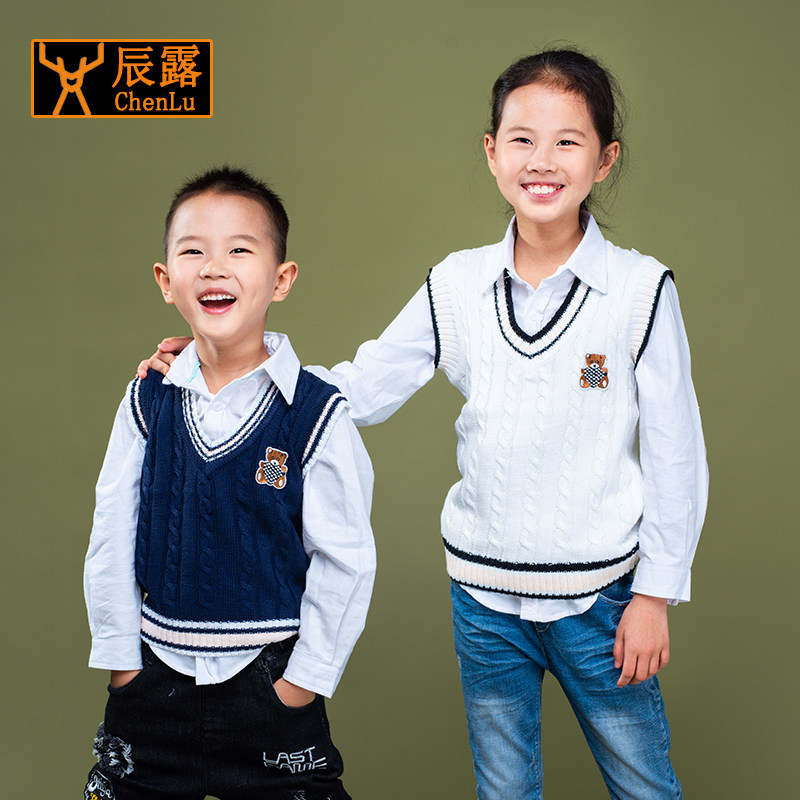 Boy sweater vest female baby knit waistcoat student blue waistcoat Hooded Jersey Boy Fitted with clothing clip