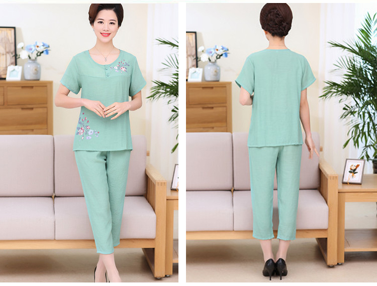 Mùa hè mẹ cotton và linen đồ ngủ phụ nữ mùa hè ngắn tay trung niên đồ ngủ cotton lụa bà tải linen dịch vụ nhà phù hợp với