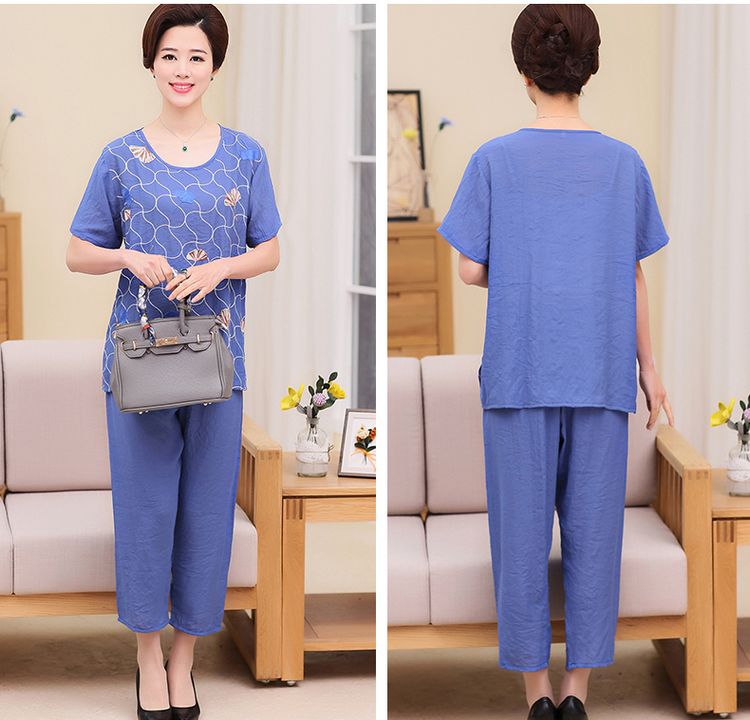 Mùa hè mẹ cotton và linen đồ ngủ phụ nữ mùa hè ngắn tay trung niên đồ ngủ cotton lụa bà tải linen dịch vụ nhà phù hợp với