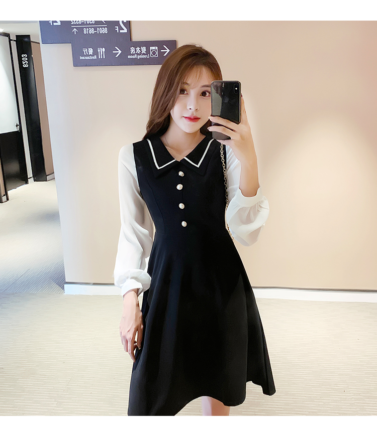 VK旗艦店 韓系翻領小香風修身顯瘦泡泡袖拼接長袖洋裝