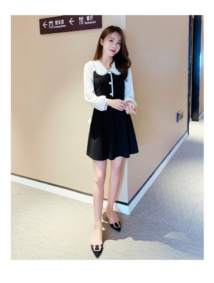 VK旗艦店 韓系高腰修身顯瘦假兩件翻領娃娃領長袖洋裝