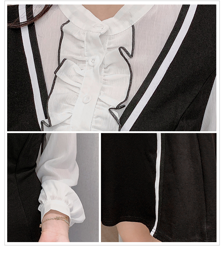 VK旗艦店 韓系木耳邊顯瘦收腰小黑裙假兩件長袖洋裝