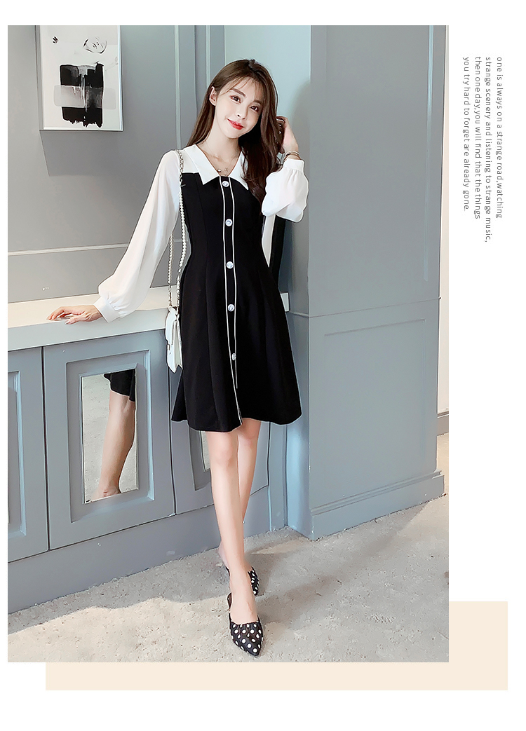 VK旗艦店 韓系收腰顯瘦polo假兩件拼接長袖洋裝