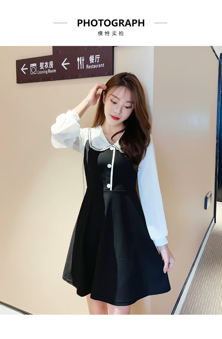 VK旗艦店 韓系高腰修身顯瘦假兩件翻領娃娃領長袖洋裝