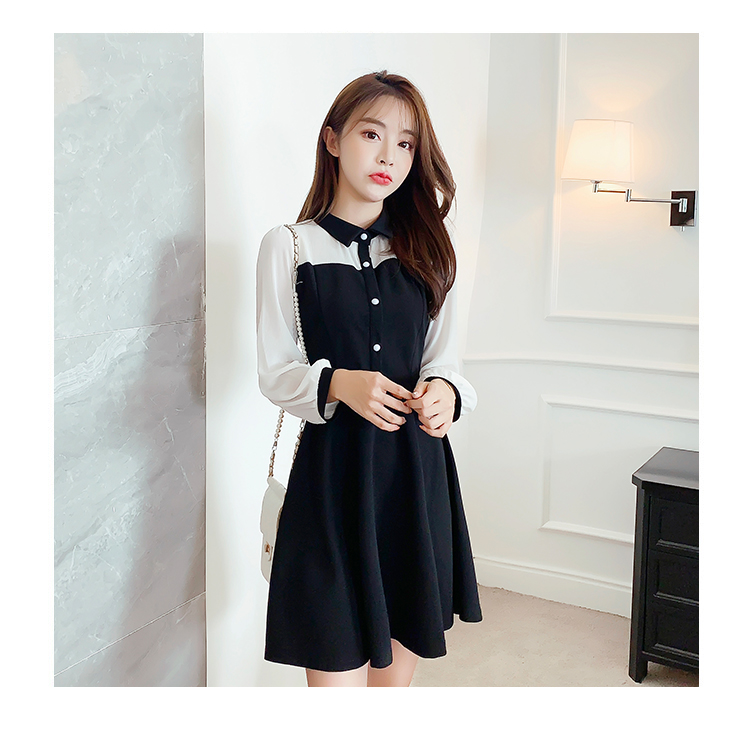 VK旗艦店 韓國學院風顯瘦高腰撞色雪紡拼接長袖洋裝