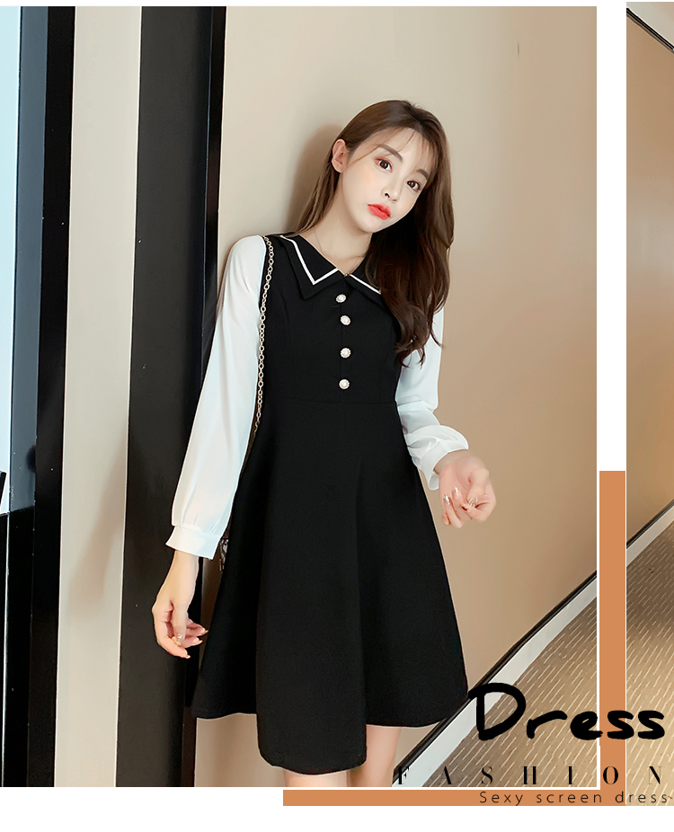 VK旗艦店 韓系翻領小香風修身顯瘦泡泡袖拼接長袖洋裝