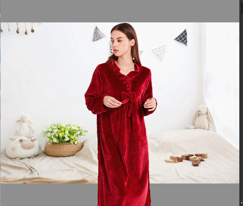 Winter Coral Thickening Warm Jade Rabbit Bifacial Suede Lady Long Sleeve Long Version Loose Rose Princess Pyjamas Sleeping Dress Pyjamas