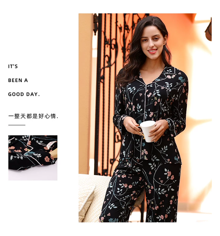 Fu Nilai Ladies Homewear Spring and Autumn New Casual Thời trang Hàn Quốc Thoải mái Áo dài tay Ve áo hai mảnh B6205 - Bên ngoài ăn mặc