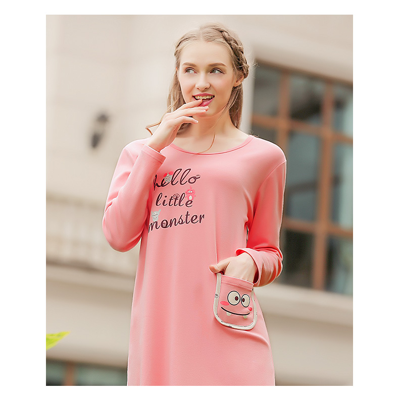 Fu Ni đến váy ngủ nữ mùa thu và mùa đông cotton dài tay cổ tròn mặc đồ ngủ phục vụ đồ ngủ tại nhà 9858 shop đầm đẹp