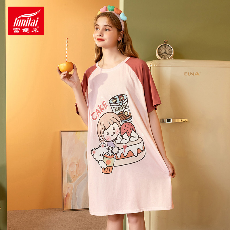 Funilai large size loose short-sleeved nightdress women's soft cotton mid-length version cute youth cartoon large dress