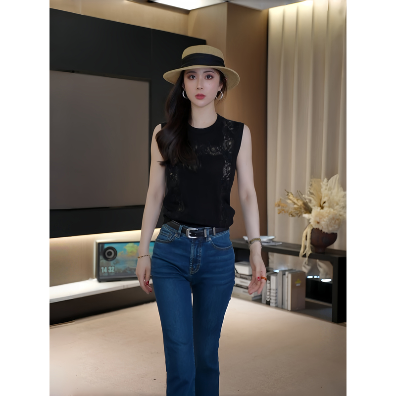 Ah Double Asfo【Yihui】Embroidered Lace Patchwork Slightly Sheer Wool Versatile Sleeveless Vest Top Tx01185