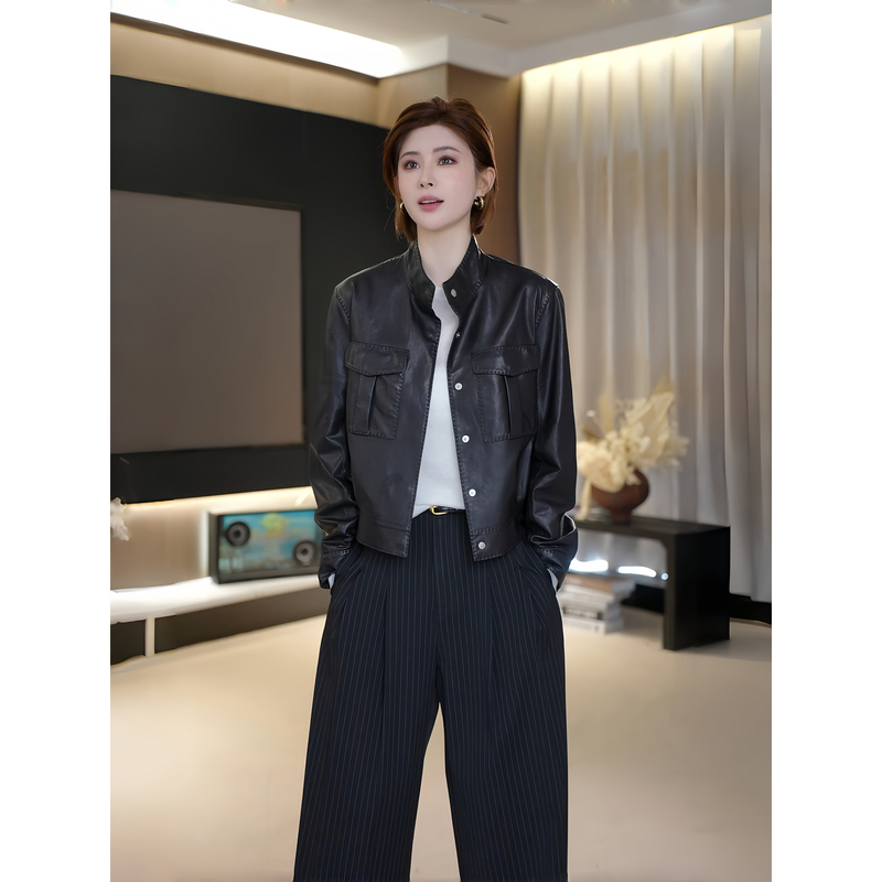 Ah Double Asfo [Second-Hand Emma] 100% Sheep Leather Stand Collar Short Workwear Jacket Zppy01810