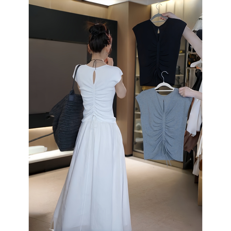 Ah Double Asfo [Small Drawstring] Back Ruched Round Neck Short-Sleeved T-Shirt with a Stylish Slim-Fit Design for Women Bx00312